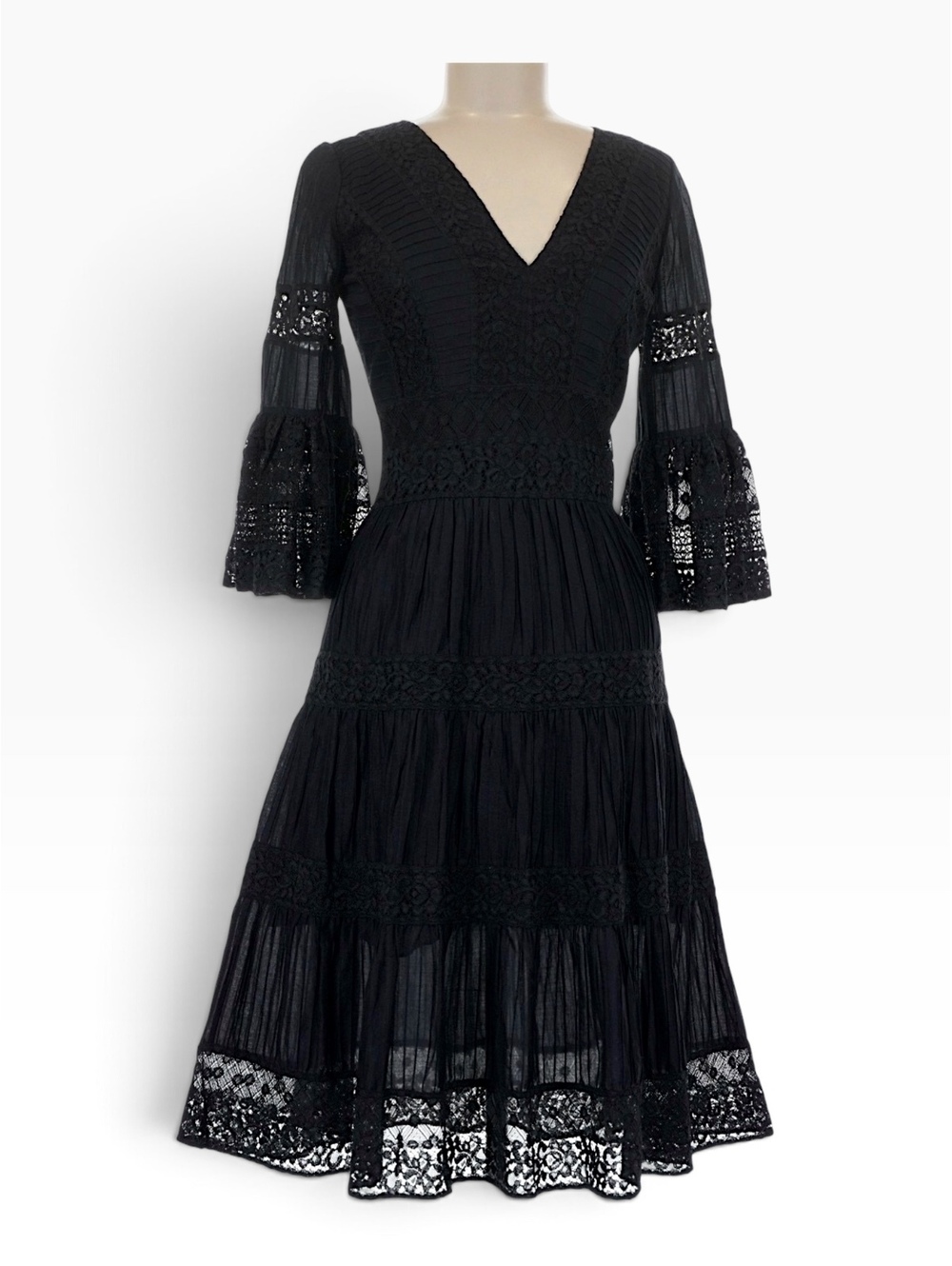 Temperley London Edith Black Cotton Midi Dress Lace Inserts Bell Sleeves US 6